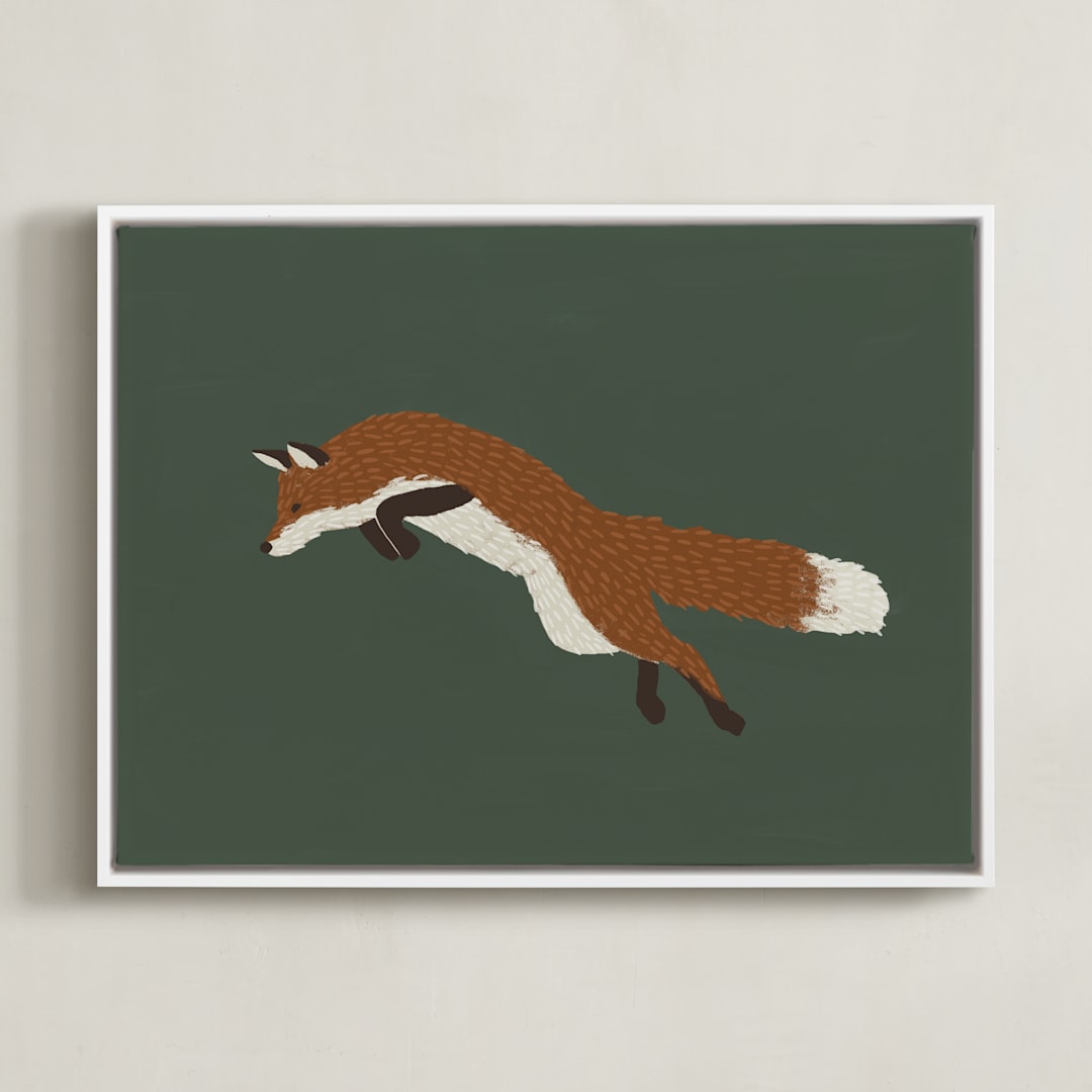 "Leaping Fox" - Art Print in Forrest Green by Kelly Watkins - Framed Canvas