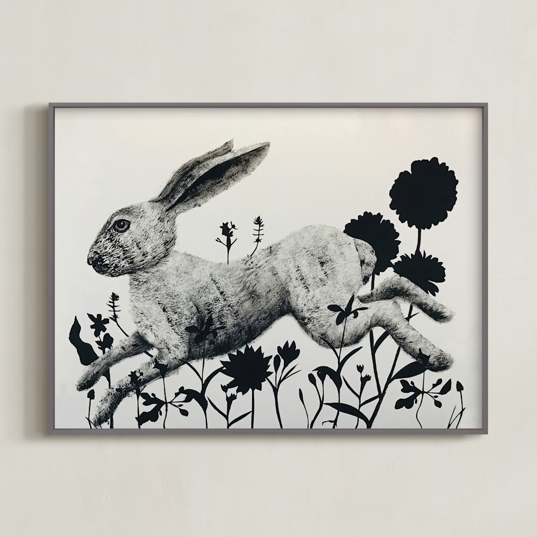 "Leaping Hare" - Art Print in Ash by Holly Hudson - Framed