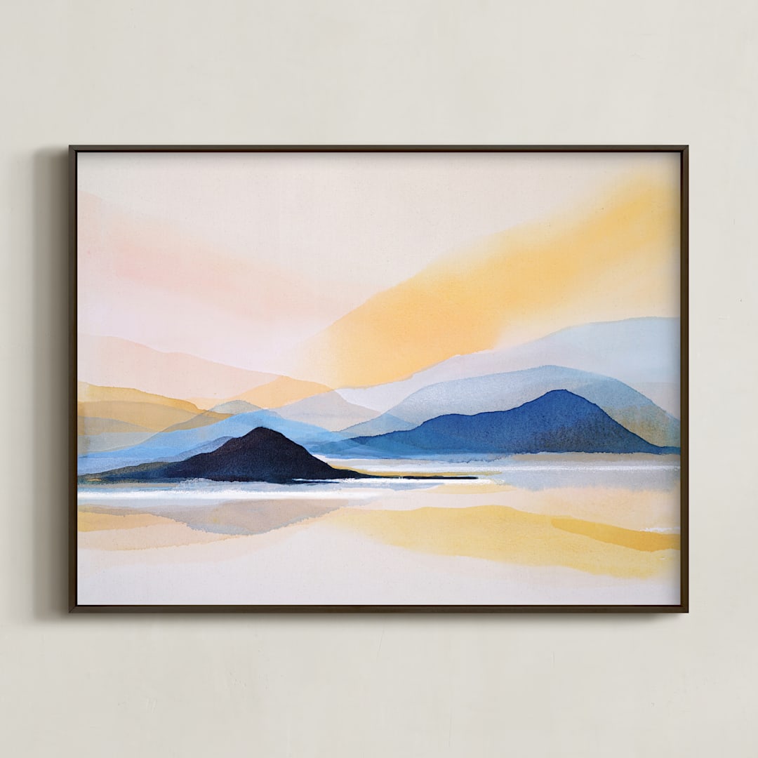 "Mountain in the calm light" - Art Print in Golden by Shina Choi - Framed