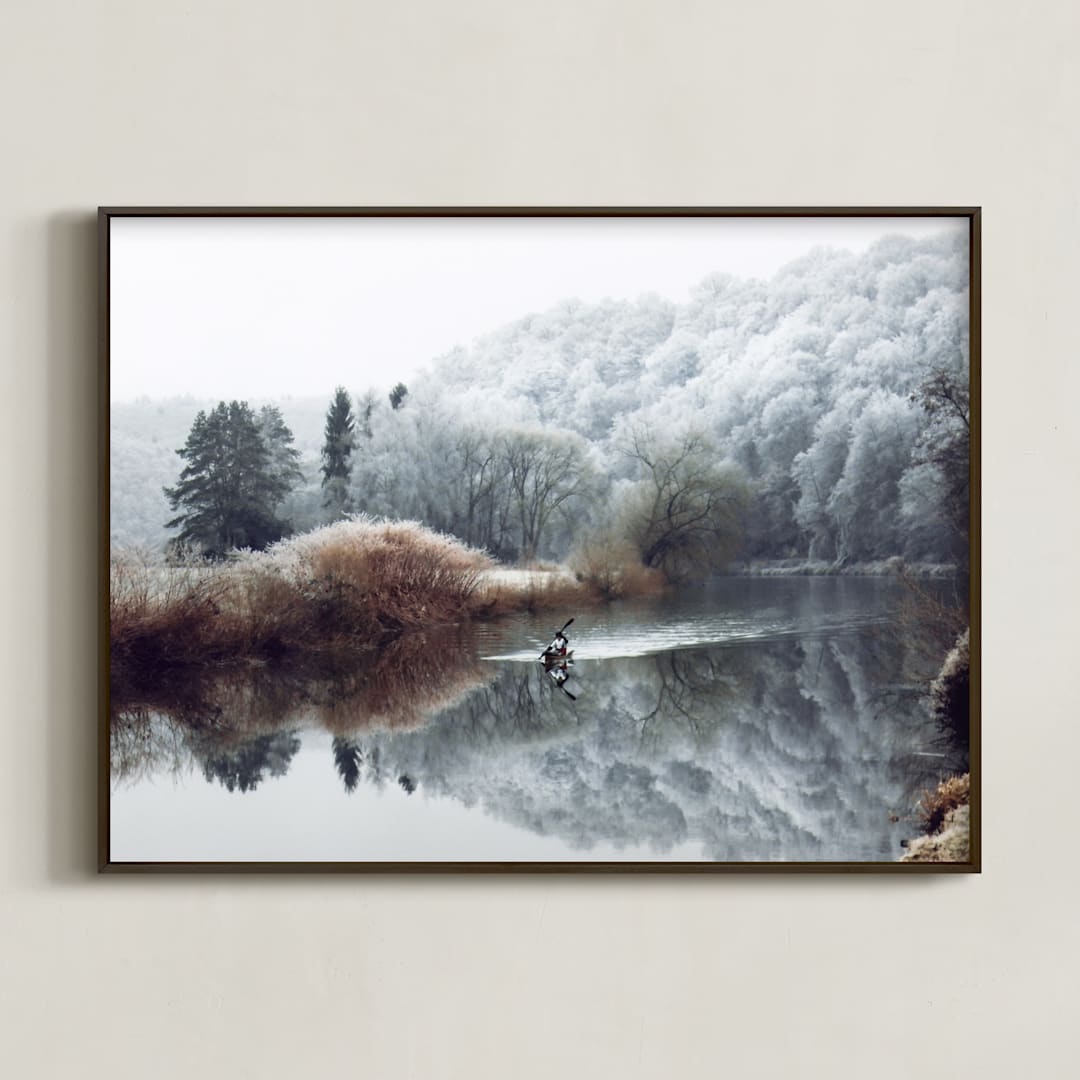 "Winter Kayak" - Art Print in dove blue by Eva Marion - Framed