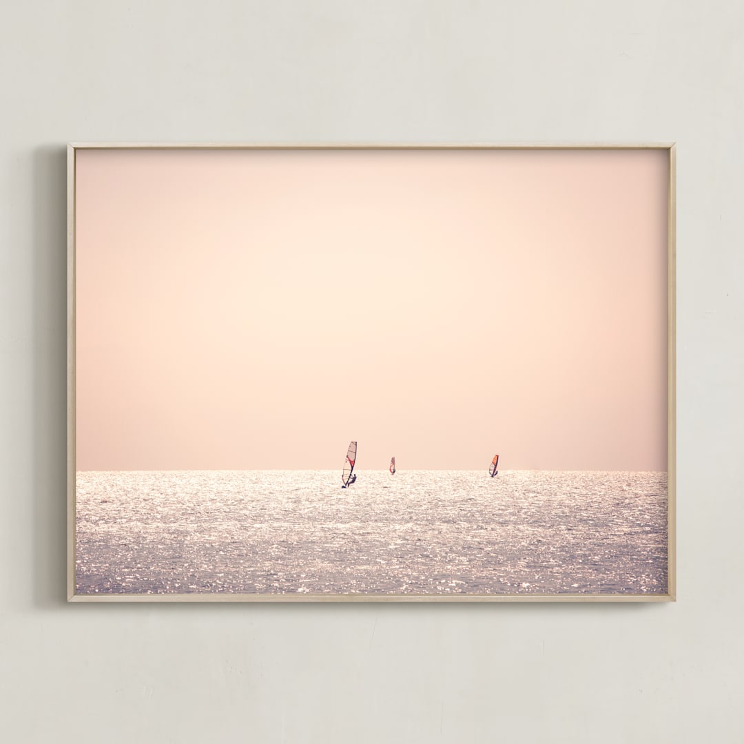 "Outer Banks Wind Surfers" - Art Print in blush pink by Ann Hudec - Framed