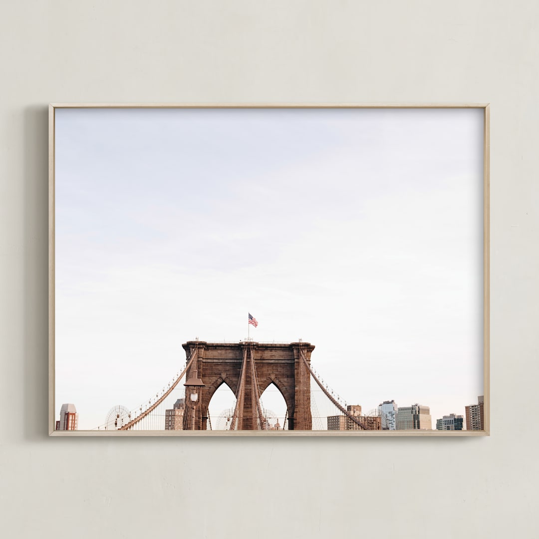 "Minimalist's View of the Brooklyn Bridge" - Art Print in Sunset Sky by The One With Wanderlust - Framed