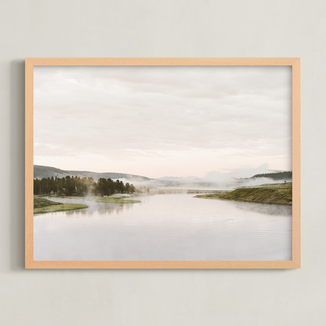 "Misty lake" - Art Print in autumn green by Kamala Nahas - Framed