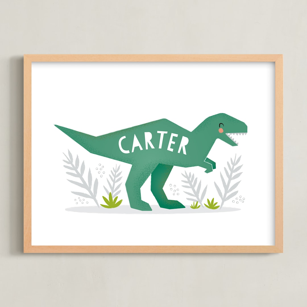 "Little T Rex" - Personalized Art Print in Green by Karidy Walker - Framed