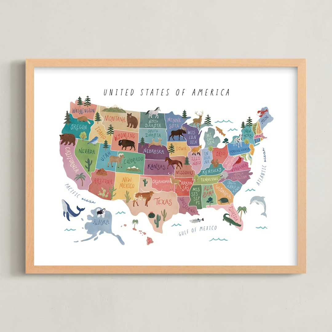 "Animals Map of USA" - Art Print in Ocean by Elly - Framed