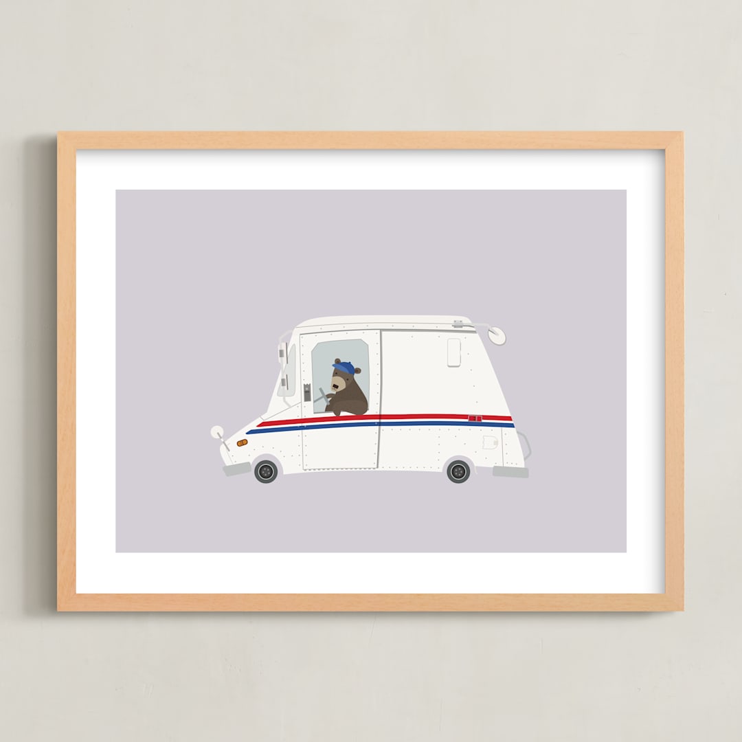 "Mail Bear" - Art Print in Berry by Adelyn T. - Framed