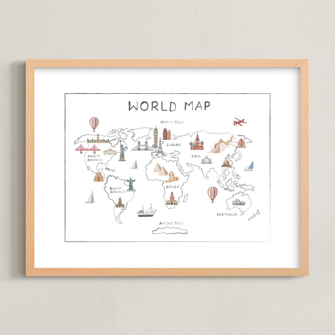 "Travel World Map" - Art Print in Ice by Teju Reval - Framed
