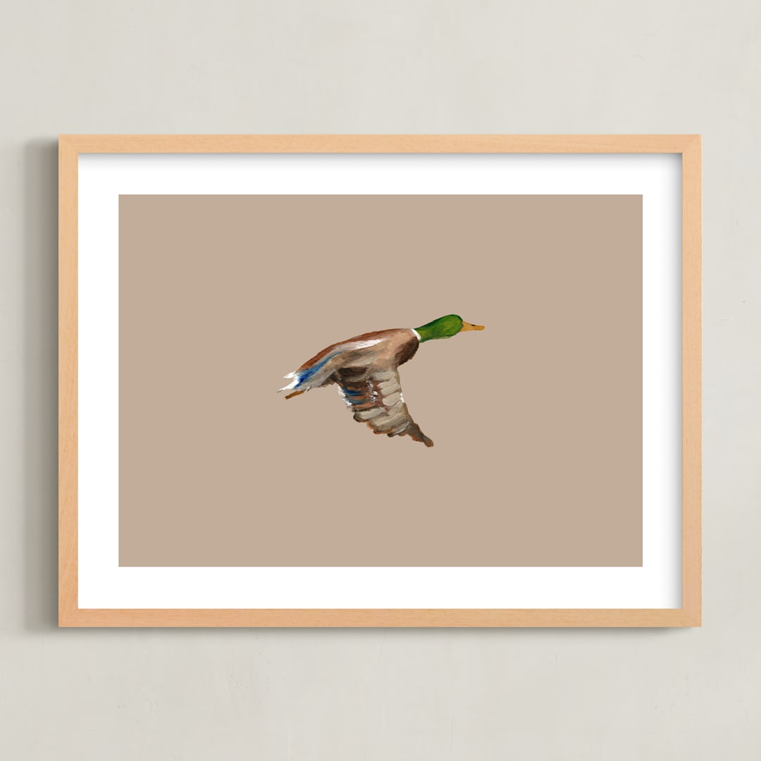 "Mallards in Flight 1" - Art Print in Neutral by Anee Shah - Framed