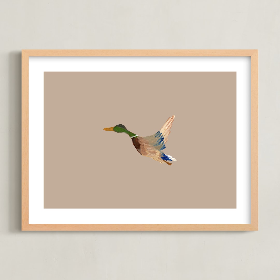 "Mallards in Flight 2" - Art Print in Neutral by Anee Shah - Framed