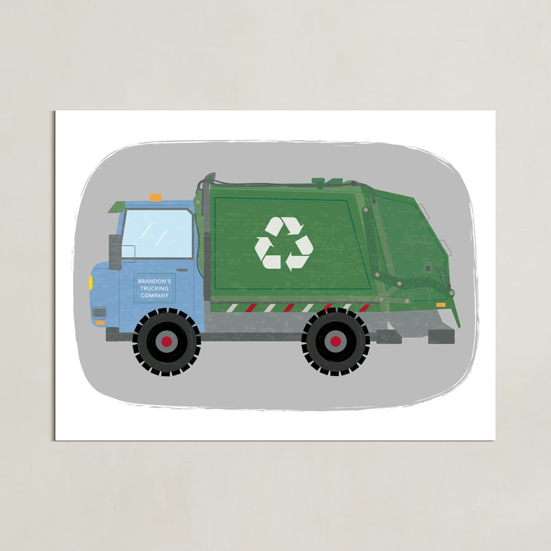 "The Garbage Recycle Truck" - Personalized Art Print in Moss by Rebecca Marchese - Unframed