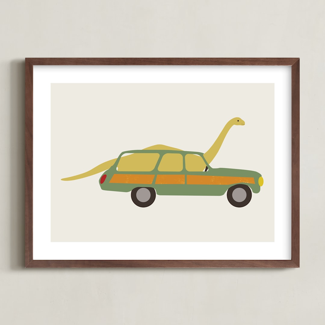 "Driving Apatosaurus" - Art Print in Citron by Morgan Kendall - Framed