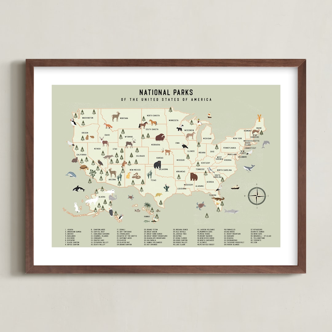 "National Parks of USA" - Art Print in Adventure Green by Sherley Ferreira - Framed