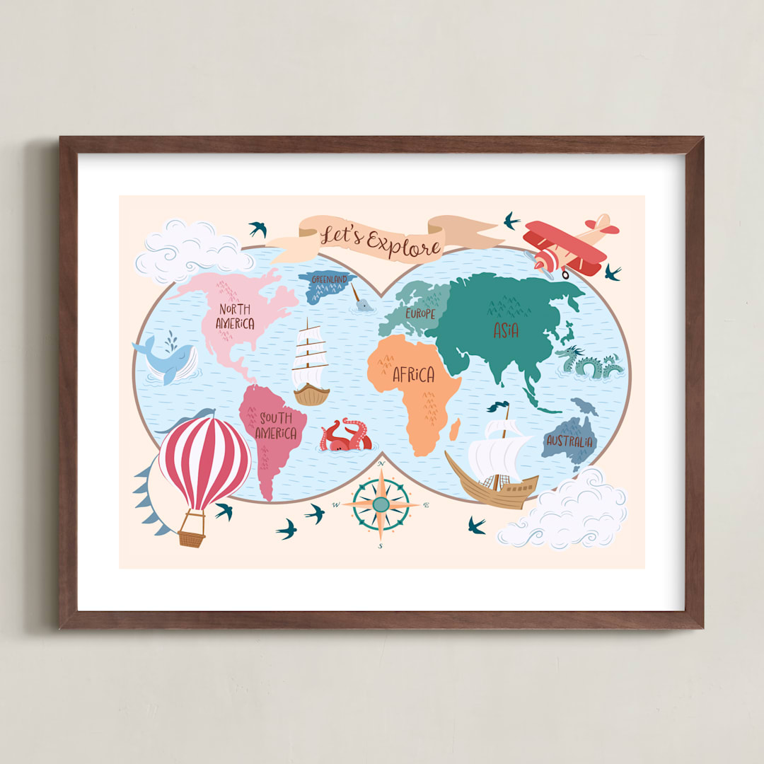 "Exploration Map" - Art Print in Apricot by DorothyDear Creations - Framed