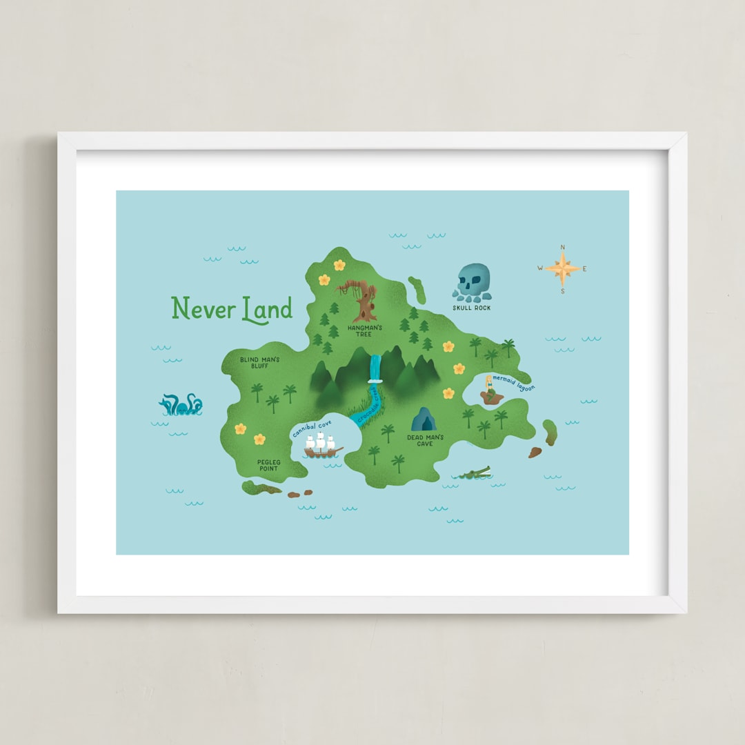 "Never Land Map" - Art Print in Ocean by Renee Christensen - Framed