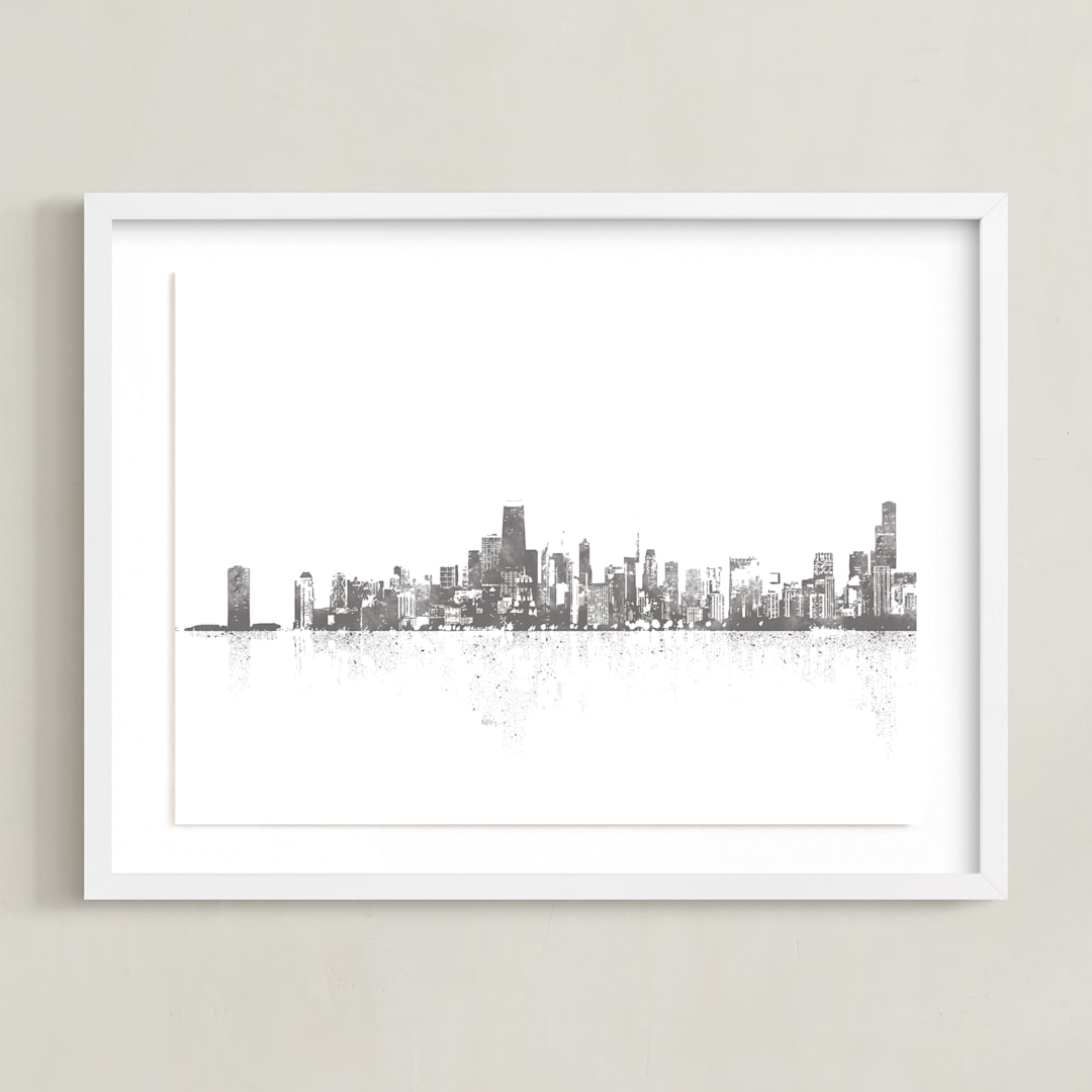 "Chicago Skyline" - Art Print in Charcoal by Paul Berthelot - Framed