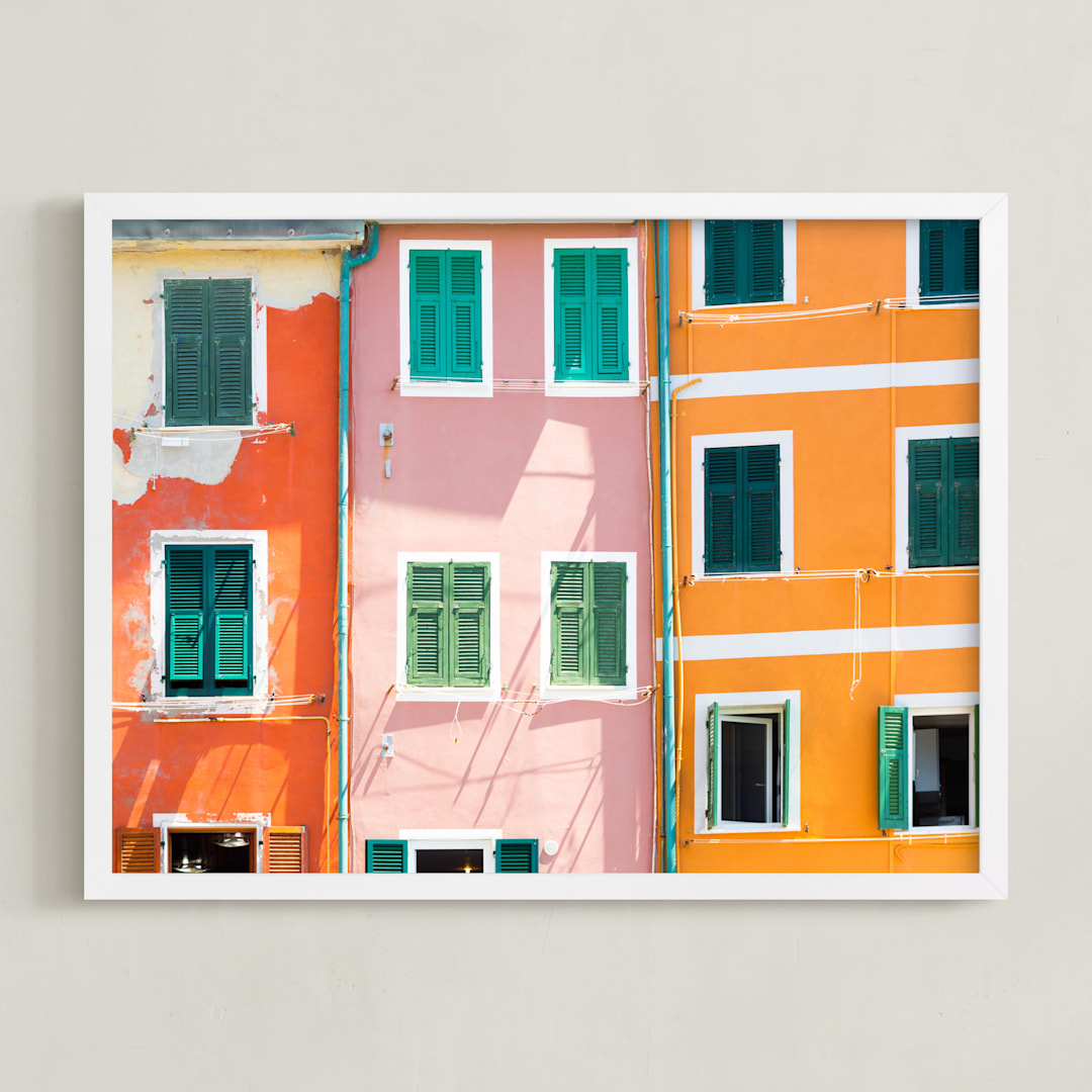 "Riomaggiore" - Art Print in Tangerine by Heather Deffense - Framed