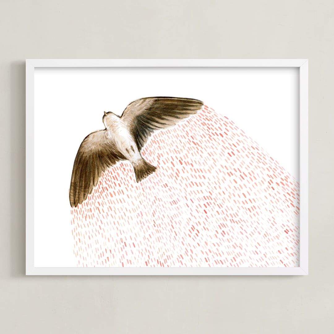 "Soaring Bird" - Art Print in Soft Rose by Eve Schultz - Framed
