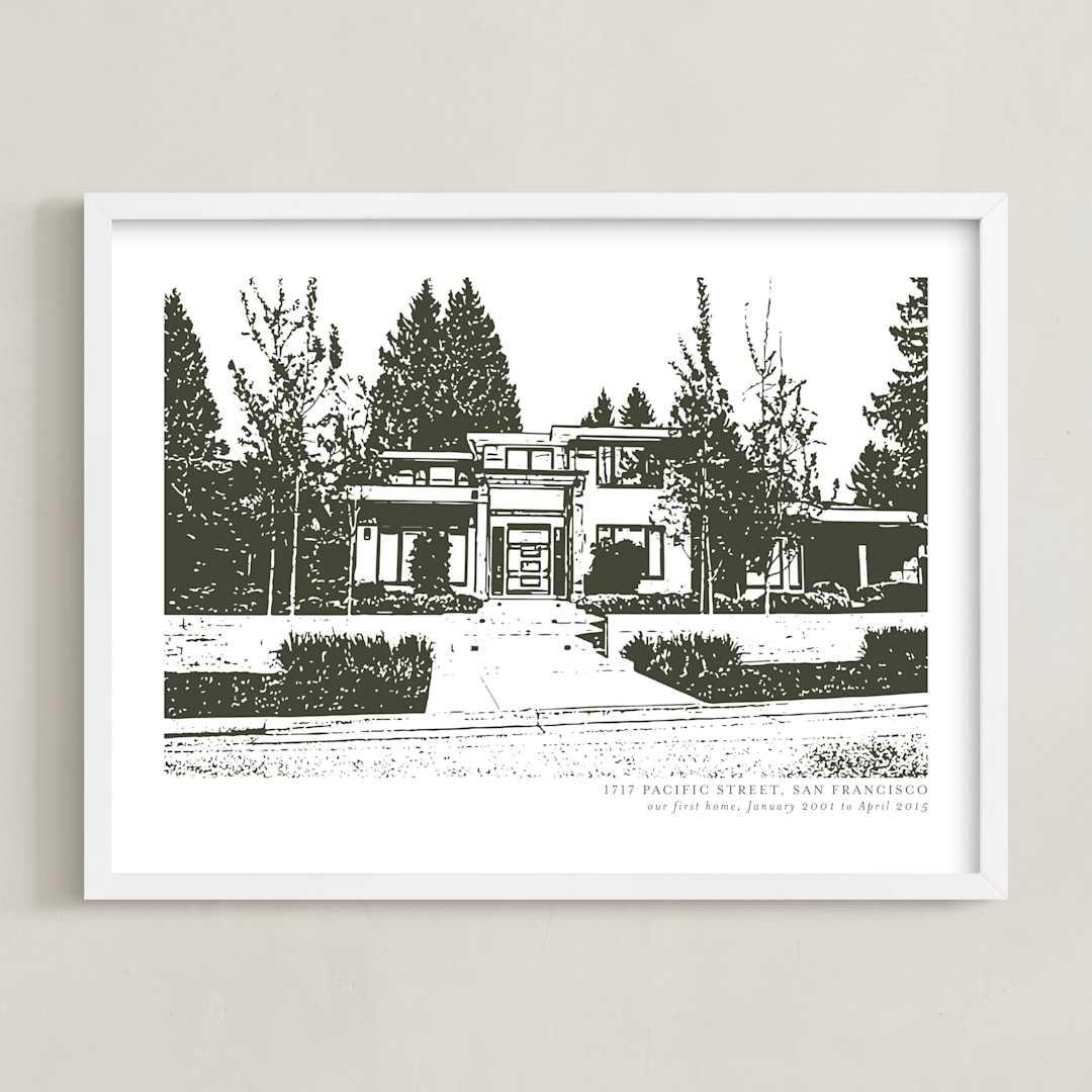 "Custom House Portrait with Text" - Custom Print in Olive Shadow by Minted - Framed