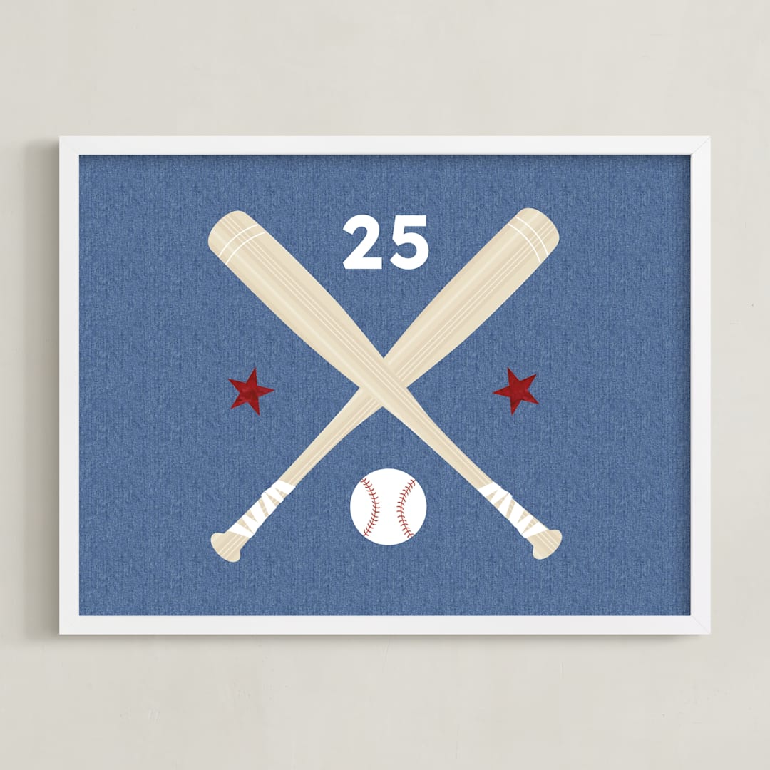 "Little Slugger Series 3" - Personalized Art Print in Denim by Pinky Diamond Studio - Framed