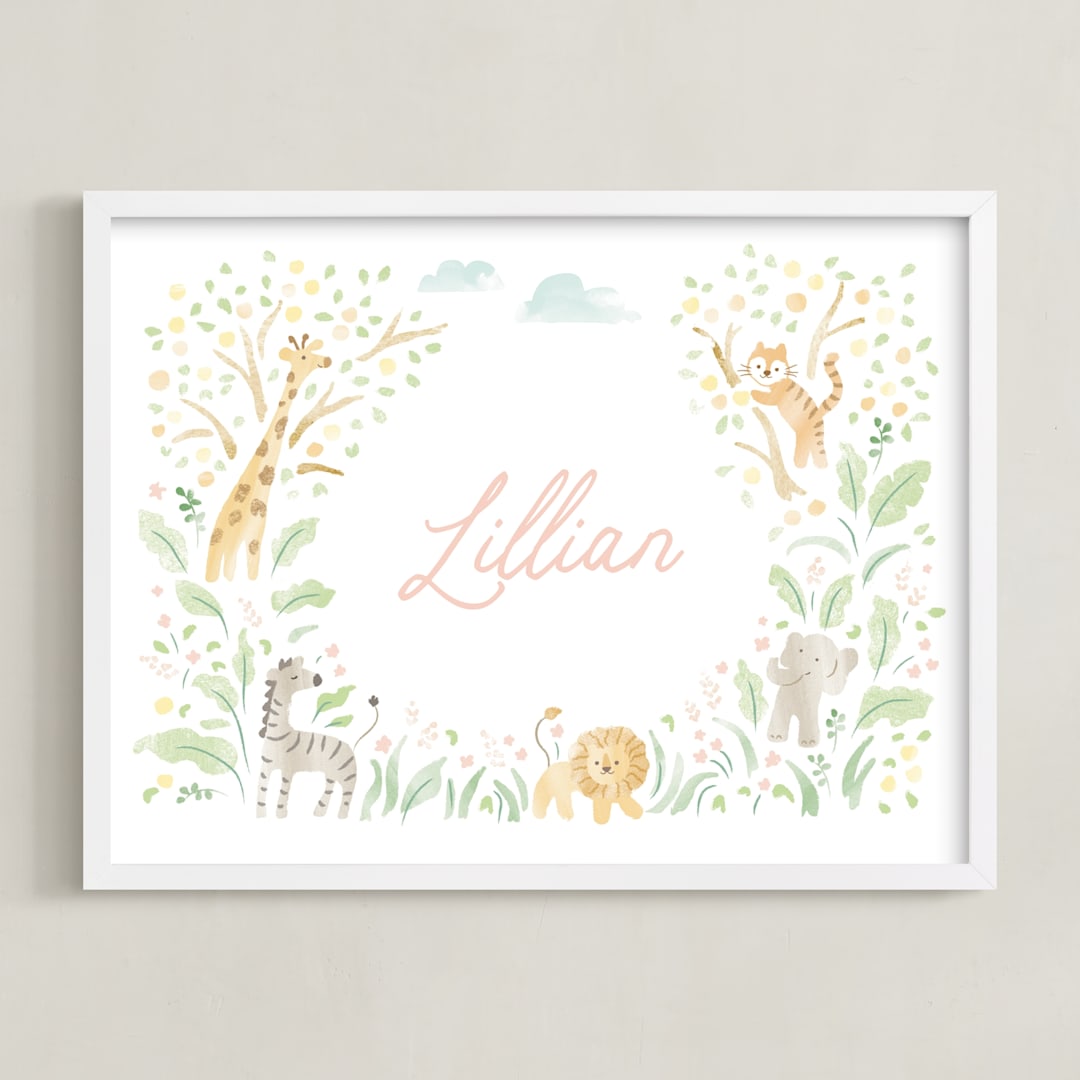 "Petite Jungle Frame" - Personalized Art Print in Soft Pink by Jennifer Wick - Framed