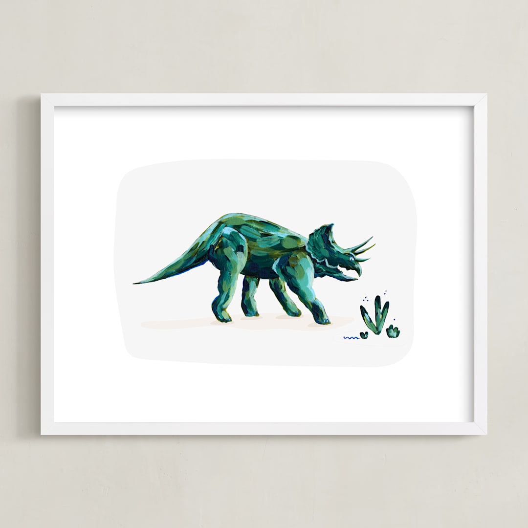 "Triumphant Triceratops" - Art Print in Leaf by Kayla King - Framed