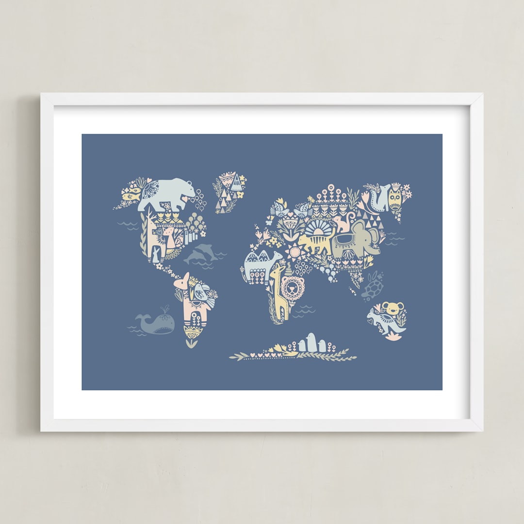 "Scandi World Map" - Art Print in Navy by Jessie Steury - Framed