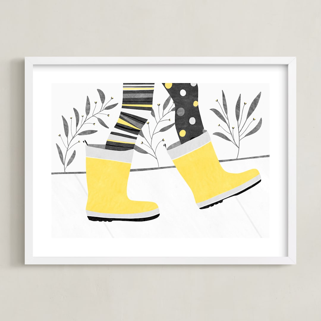 "rainboots on sunny days" - Art Print in dandelion yellow by Leanne Friedberg - Framed