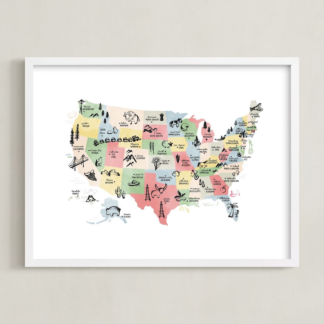 "Retro United States Map" - Art Print in Vintage by Jessie Steury - Framed