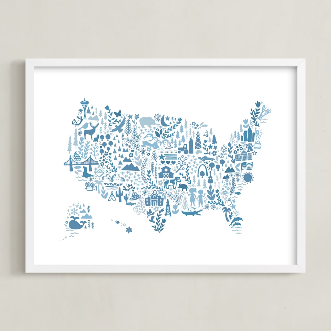 "Little Big United States Map" - Art Print in Blueberry by Jessie Steury - Framed
