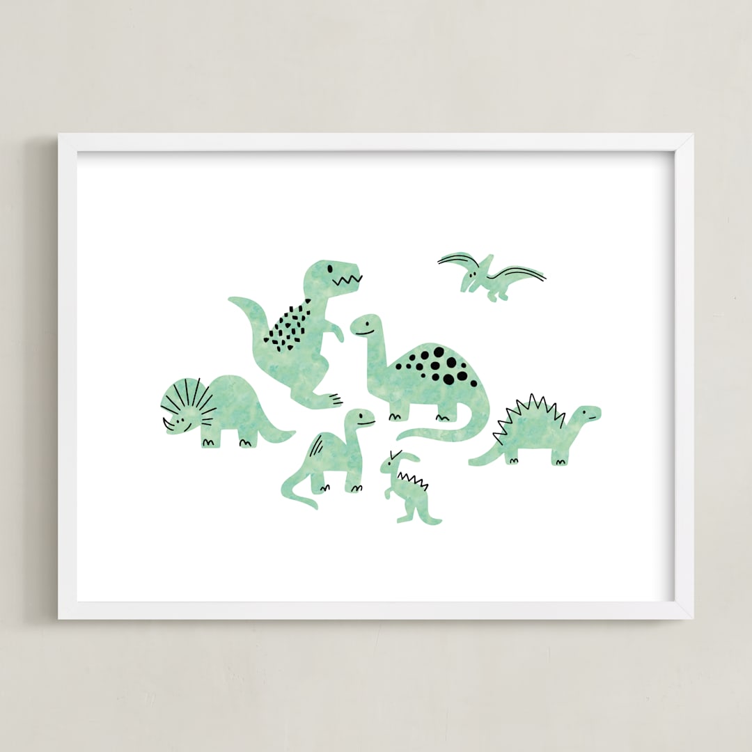 "Darling Dinos" - Art Print in Fern by Jessie Steury - Framed