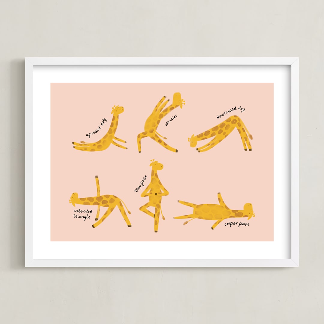 "Giraffe Exercises" - Art Print in Blush by Jenna Holcomb - Framed