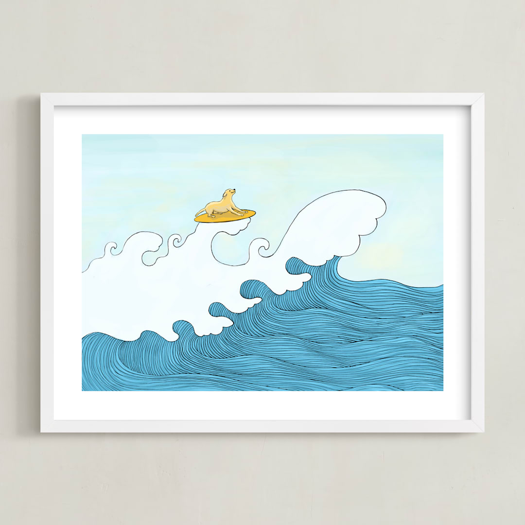 "dog surfing" - Art Print in Sea Blue by Helen H Wu - Framed