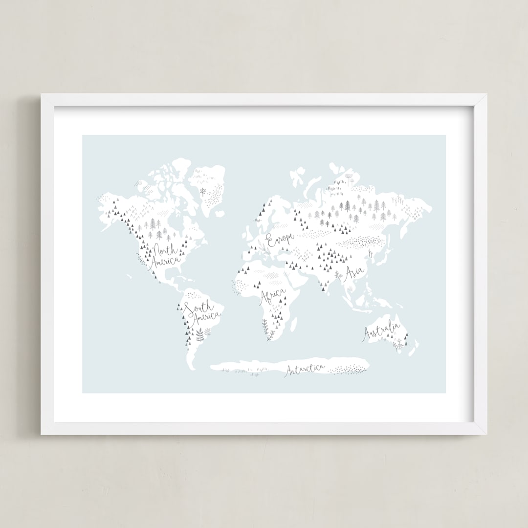 "Beautiful World Map" - Art Print in Soft Sky by Jessie Steury - Framed