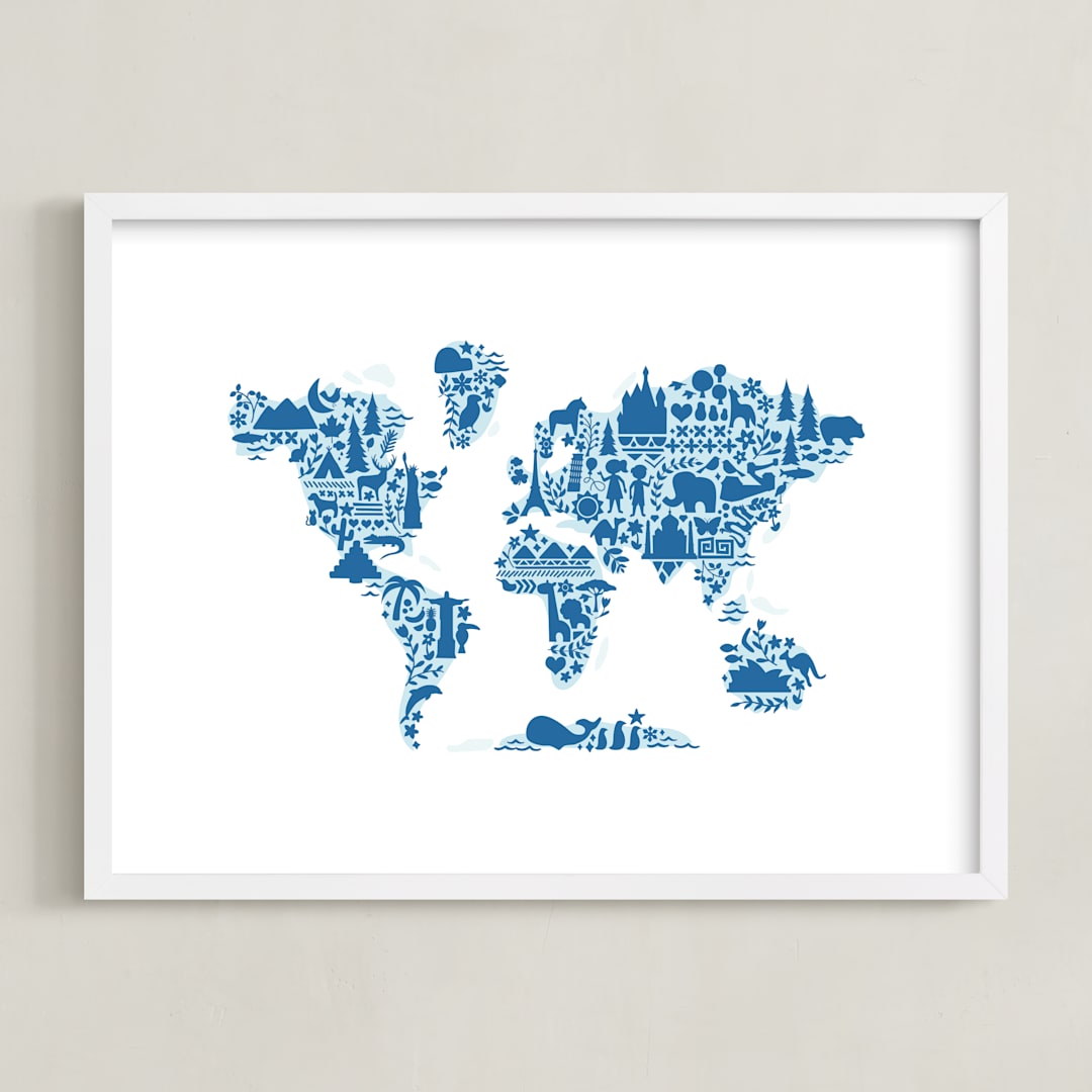 "Little Big World Map" - Art Print in Bluebell by Jessie Steury - Framed