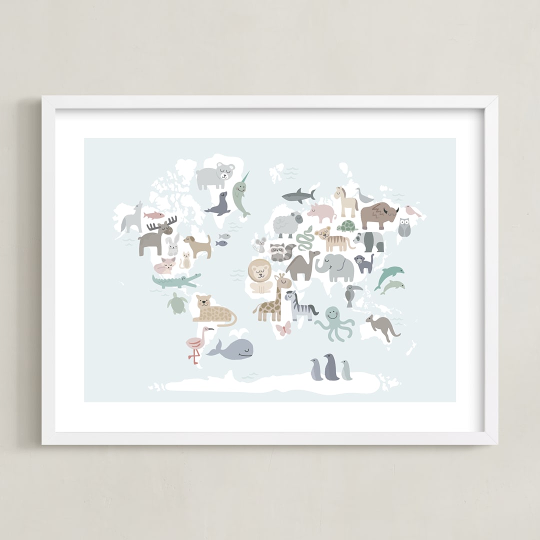 "Wild World Map" - Art Print in Sky by Jessie Steury - Framed