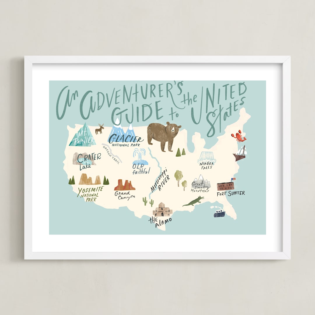 "Adventurer's Guide" - Art Print in Blue by Hannah Williams - Framed