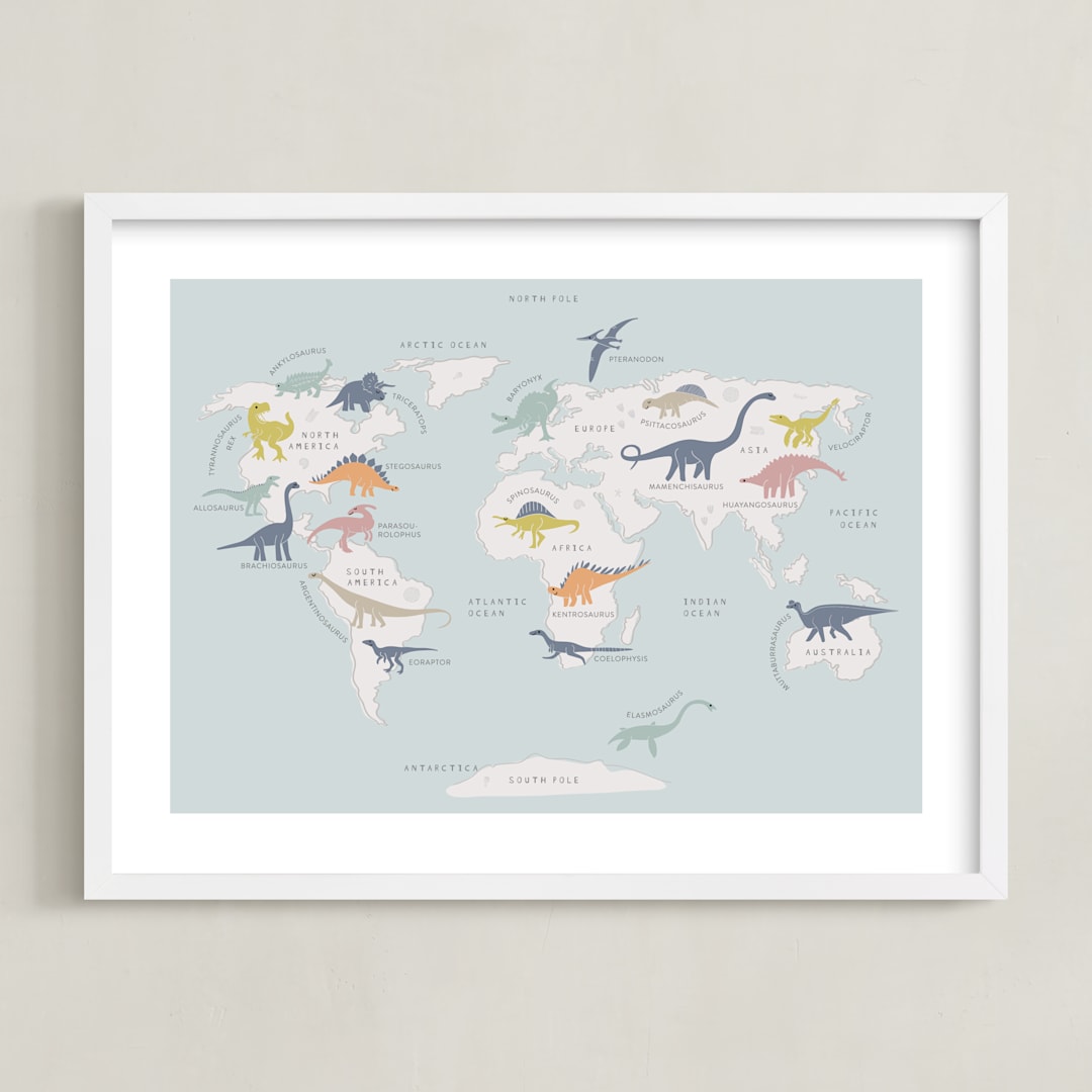 "Dino World" - Art Print in Ocean Blue by Teju Reval - Framed