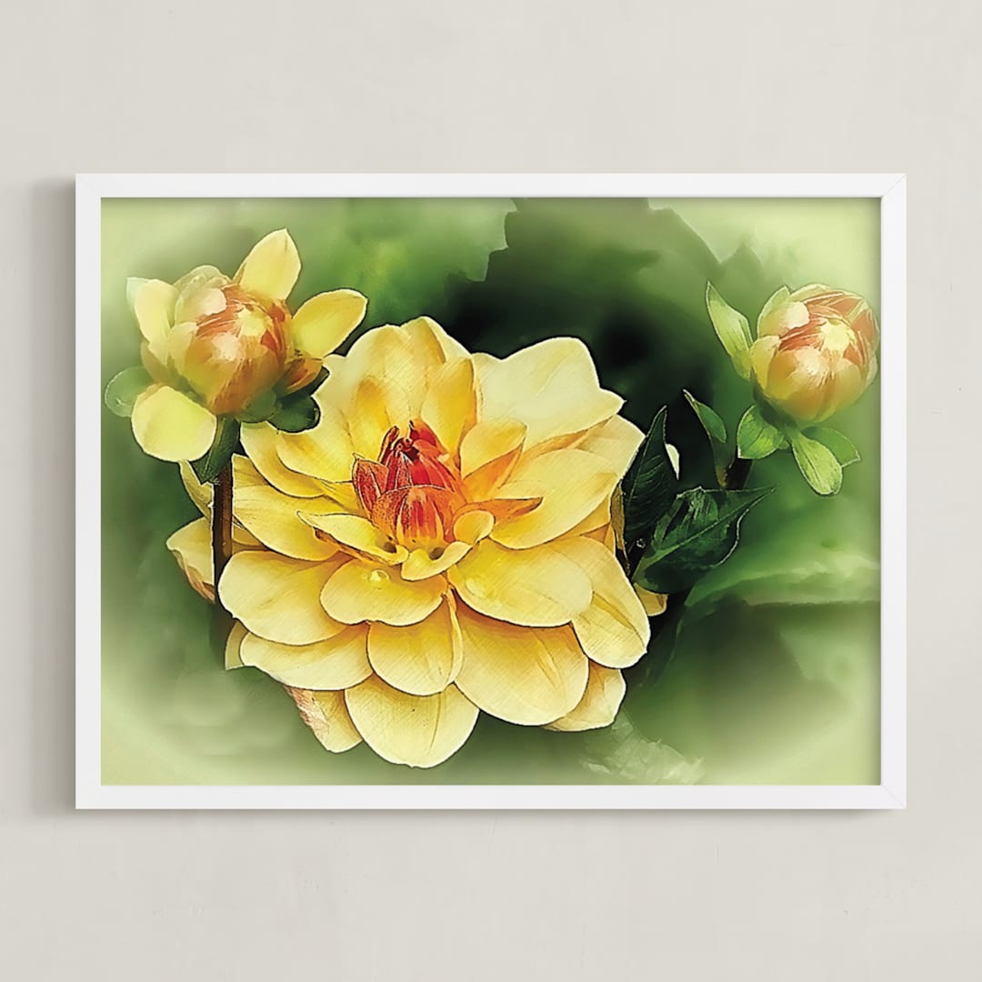"Focus on the Dahlia" - Art Print in Golden Yellow by A MAZ Design - Framed