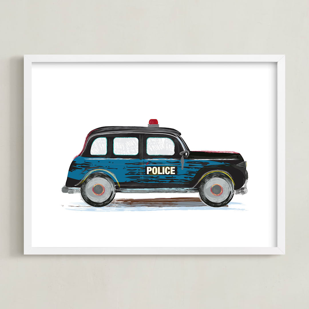 "Vintage Police Car" - Art Print in Black night by Rebecca Marchese - Framed