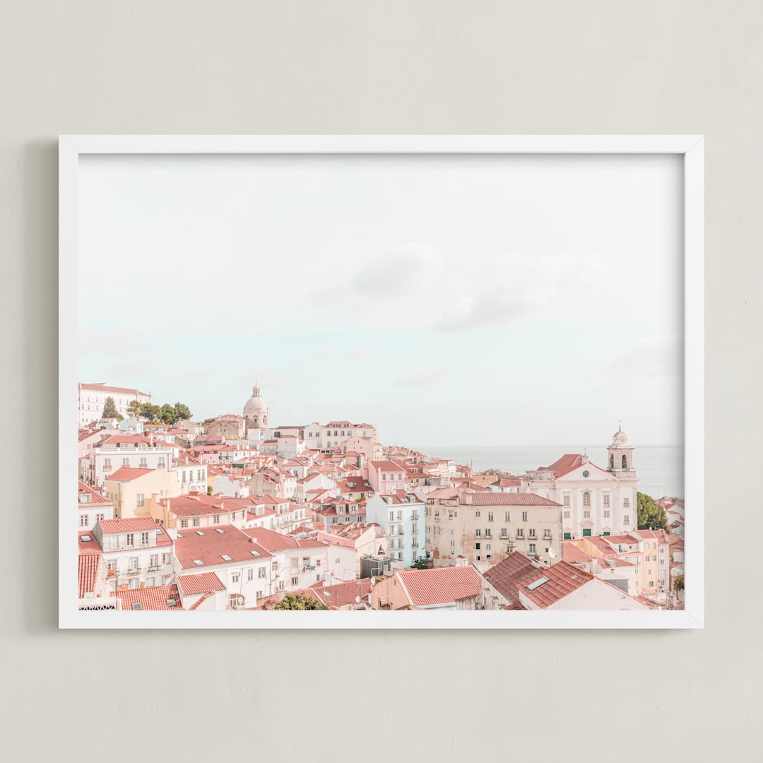 "Lisbon View" - Art Print in Coral by Heather Loriece - Framed