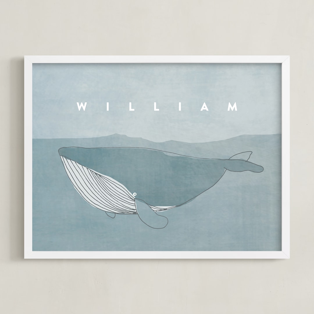 "Sweet Whale" - Personalized Art Print in Whale Blue by Lucrecia Caporale - Framed