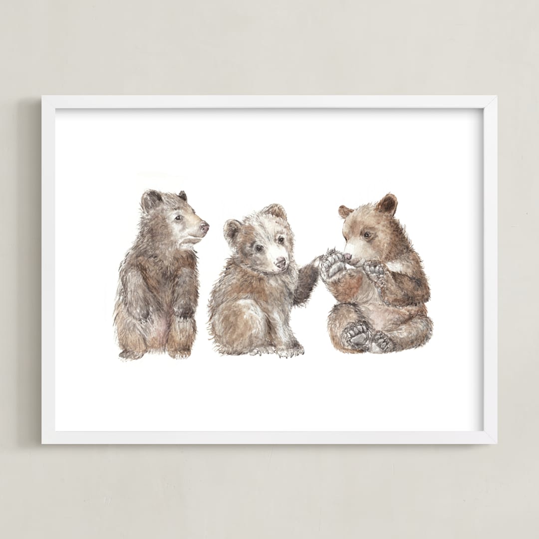 "Three Little Bears" - Art Print in Bear Cub Brown by Lauren Rogoff - Framed