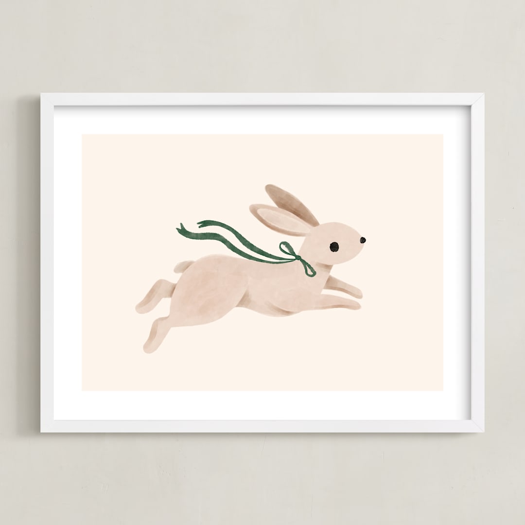 "Rabbit With Bow" - Art Print in Hunter Green by Vivian Yiwing - Framed