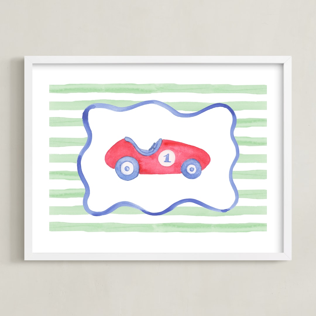 "Vintage Play Car" - Art Print in Race Car Red by Little Blue Designs - Framed