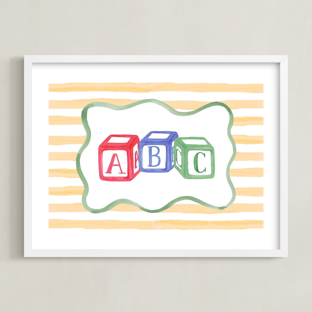 "Vintage Play Blocks" - Art Print in Block Yellow by Little Blue Designs - Framed