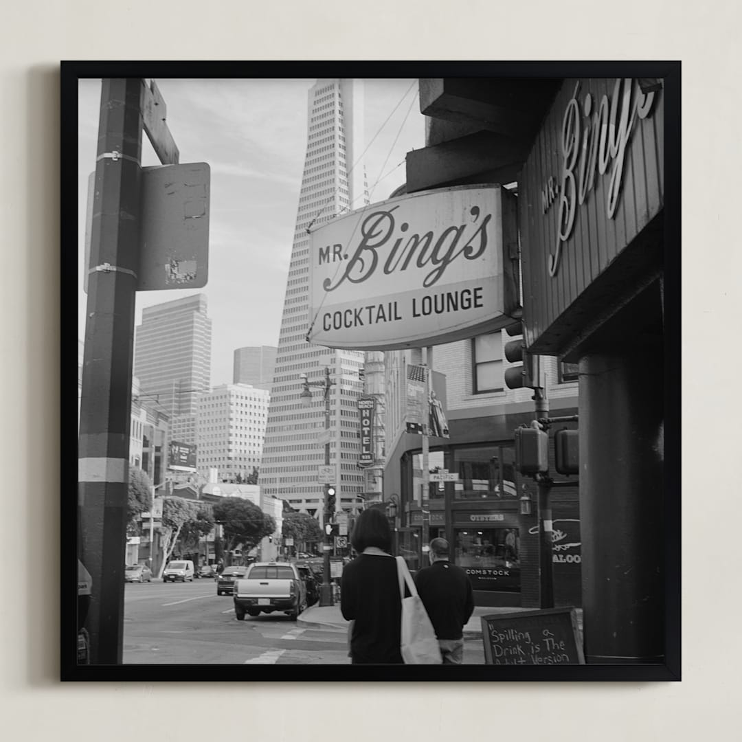 "Mr Bings Cocktail Lounge" - Art Print in Black by Austin Warnock - Framed