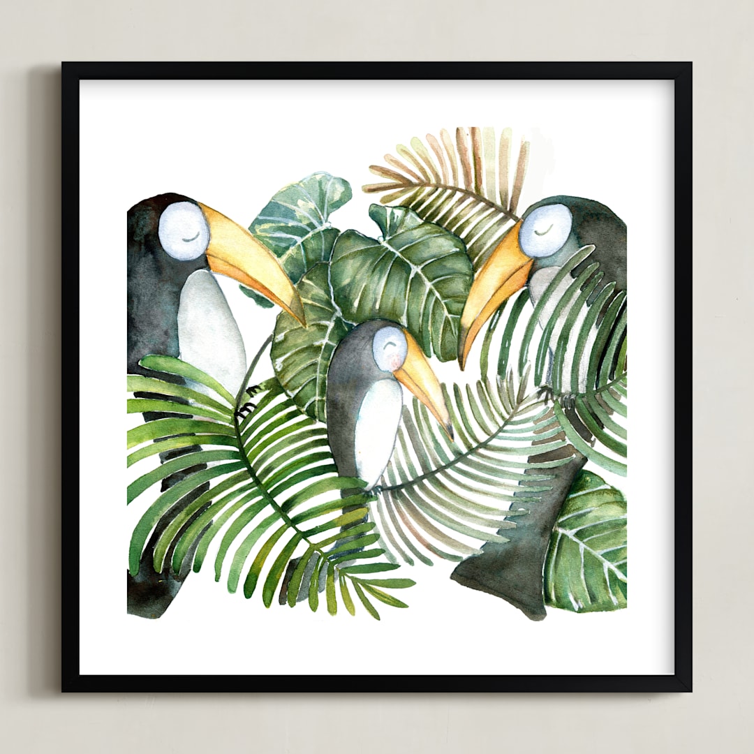 "Toucan jungle family" - Art Print in jungle green by Lulaloo - Framed