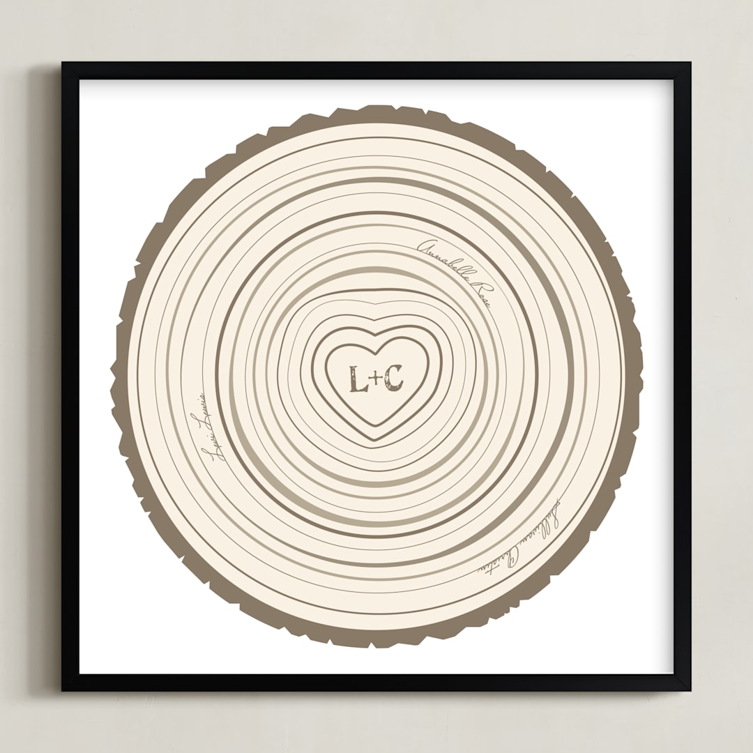 "Family Tree Rings" - Personalized Art Print in Bark by Jessie Steury - Framed