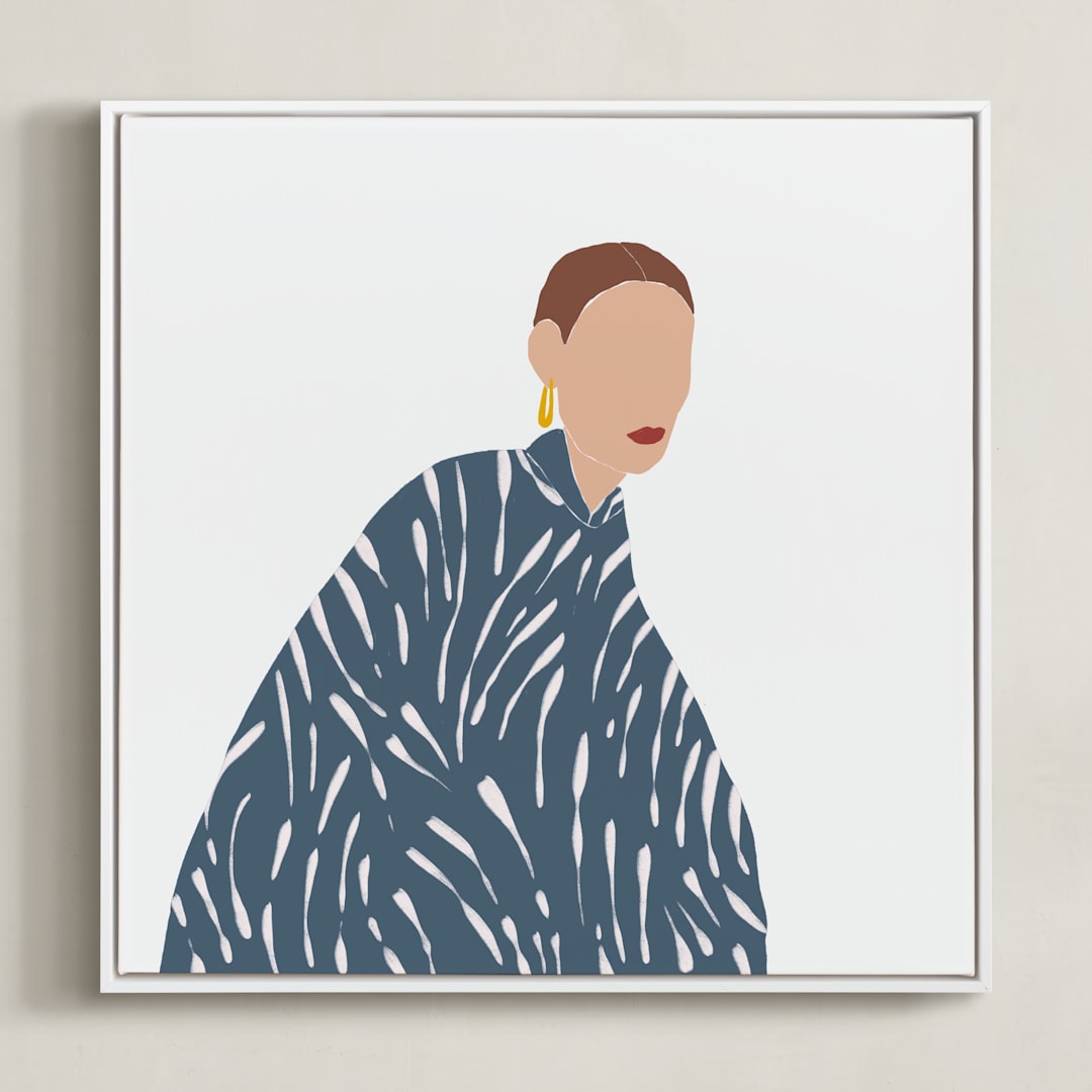 "A girl with a coat" - Art Print in Dark Chambray by Efrat Ofek - Framed Canvas
