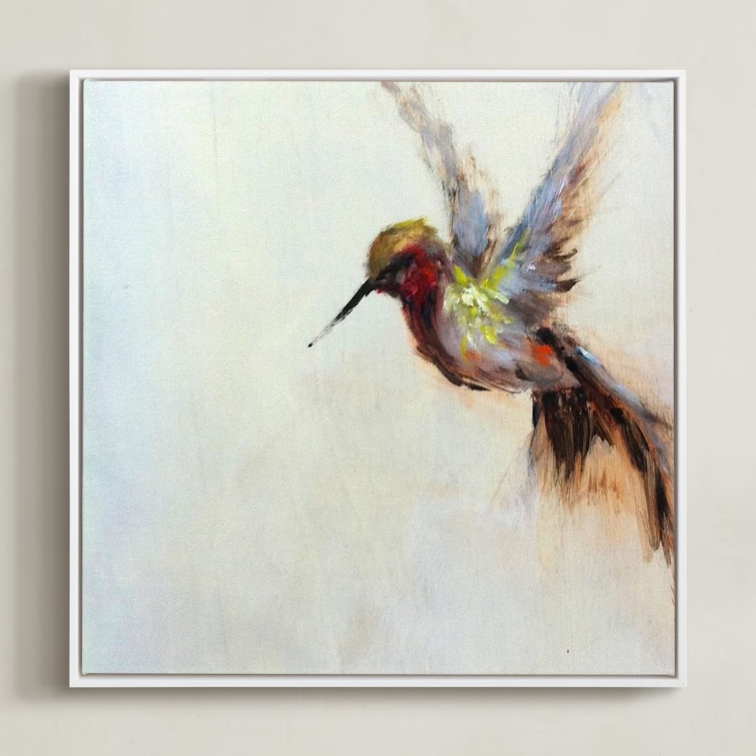 "The Humbly Hummingbird " - Art Print in orange by Amanda Faubus - Framed Canvas